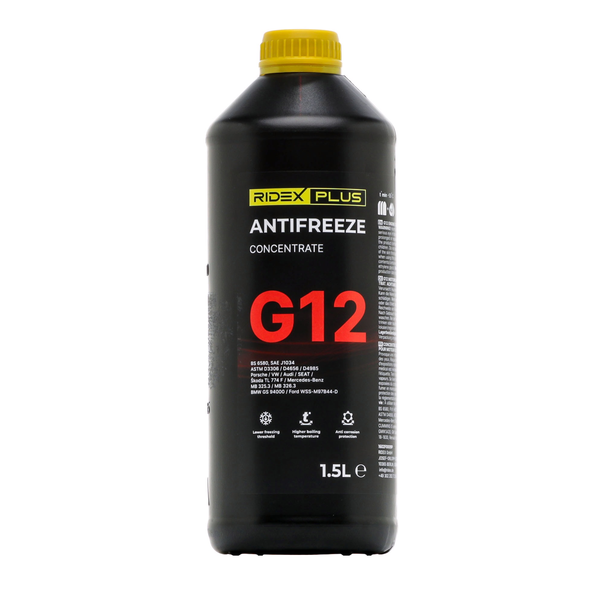 Side view of RIDEX PLUS 1602F0009P Antifreeze 41-01-001/ Type D, red, Capacity: 1,5l, -38(50/50)